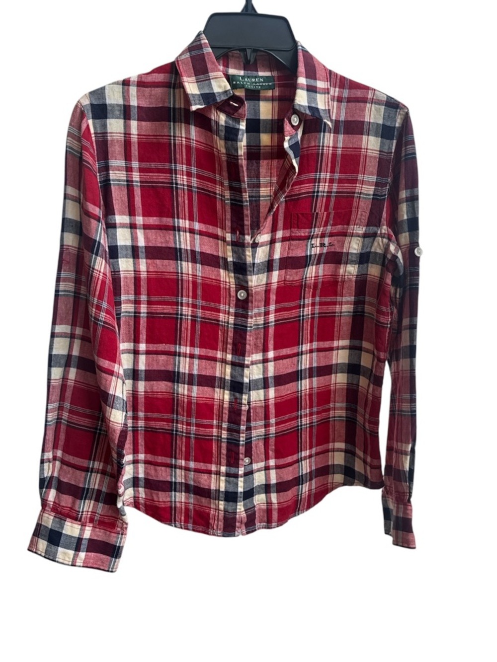 Lauren/Ralph Lauren Shirt Red/Black Plaid Collared Buttons Shirt 100% linen Sz P